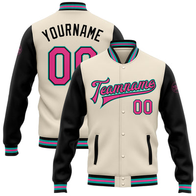 Custom Cream Pink Black-Aqua Bomber Full-Snap Varsity Letterman Two Tone Jacket