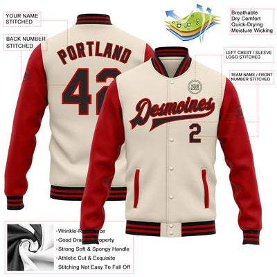 Custom Cream Black-Red Bomber Full-Snap Varsity Letterman Two Tone Jacket