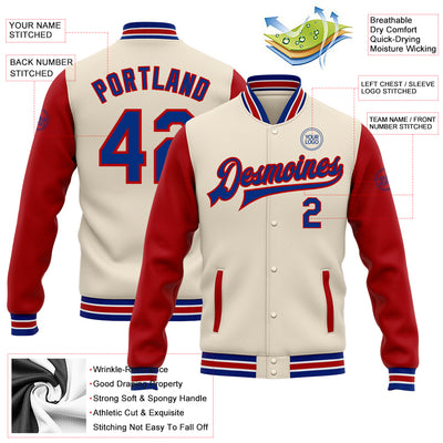 Custom Cream Royal-Red Bomber Full-Snap Varsity Letterman Two Tone Jacket