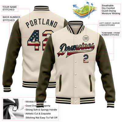 Custom Cream Vintage USA Flag Olive-Black Bomber Full-Snap Varsity Letterman Two Tone Jacket