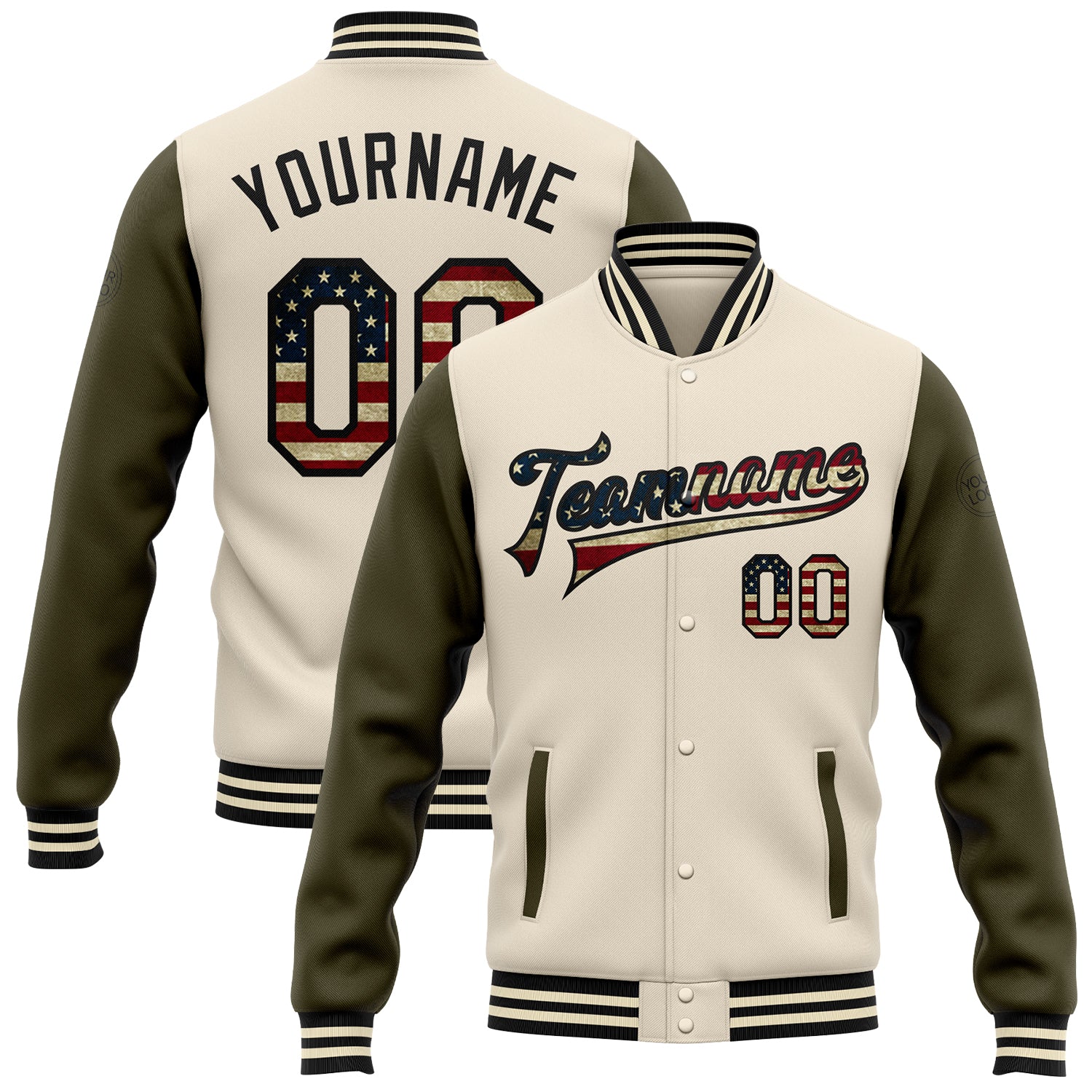 Custom Cream Vintage USA Flag Olive-Black Bomber Full-Snap Varsity Letterman Two Tone Jacket