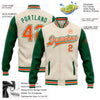 Custom Cream Orange-Kelly Green Bomber Full-Snap Varsity Letterman Two Tone Jacket