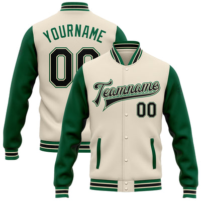 Custom Cream Black-Kelly Green Bomber Full-Snap Varsity Letterman Two Tone Jacket