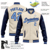 Custom Cream Light Blue-Navy Bomber Full-Snap Varsity Letterman Two Tone Jacket