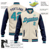 Custom Cream Teal Navy-Gray Bomber Full-Snap Varsity Letterman Two Tone Jacket