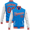 Custom Powder Blue Red-White Bomber Full-Snap Varsity Letterman Two Tone Jacket