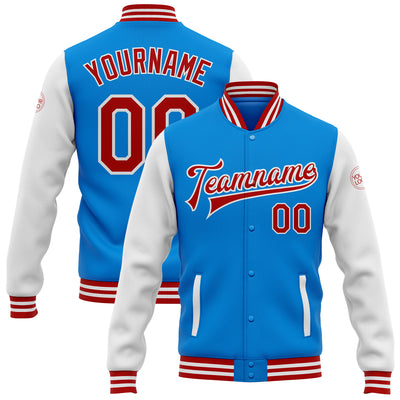 Custom Powder Blue Red-White Bomber Full-Snap Varsity Letterman Two Tone Jacket