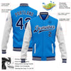 Custom Powder Blue Navy-White Bomber Full-Snap Varsity Letterman Two Tone Jacket