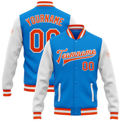 Custom Powder Blue Orange-White Bomber Full-Snap Varsity Letterman Two Tone Jacket