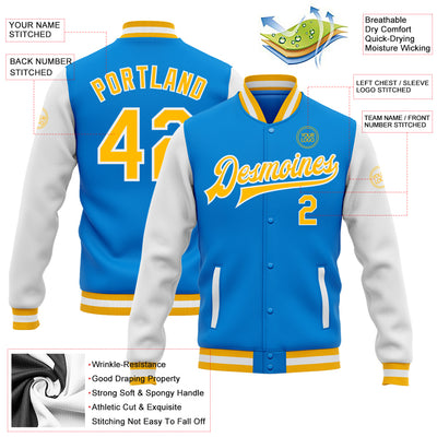 Custom Powder Blue Gold-White Bomber Full-Snap Varsity Letterman Two Tone Jacket