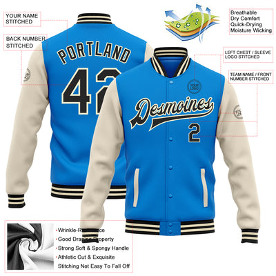 Custom Powder Blue Black-Cream Bomber Full-Snap Varsity Letterman Two Tone Jacket