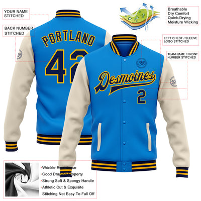 Custom Powder Blue Navy Cream-Gold Bomber Full-Snap Varsity Letterman Two Tone Jacket