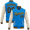 Custom Powder Blue Navy Cream-Gold Bomber Full-Snap Varsity Letterman Two Tone Jacket