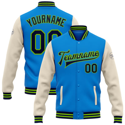 Custom Powder Blue Navy Cream-Neon Green Bomber Full-Snap Varsity Letterman Two Tone Jacket