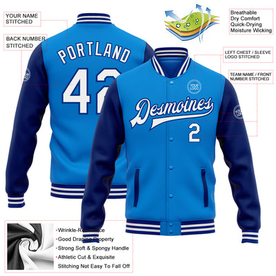 Custom Powder Blue White-Royal Bomber Full-Snap Varsity Letterman Two Tone Jacket