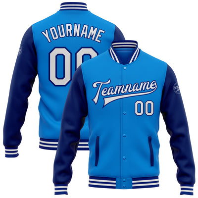 Custom Powder Blue White-Royal Bomber Full-Snap Varsity Letterman Two Tone Jacket