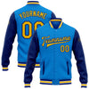 Custom Powder Blue Yellow-Royal Bomber Full-Snap Varsity Letterman Two Tone Jacket