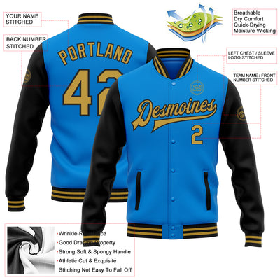 Custom Powder Blue Old Gold-Black Bomber Full-Snap Varsity Letterman Two Tone Jacket