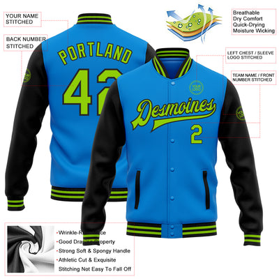 Custom Powder Blue Neon Green-Black Bomber Full-Snap Varsity Letterman Two Tone Jacket