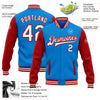 Custom Powder Blue White-Red Bomber Full-Snap Varsity Letterman Two Tone Jacket