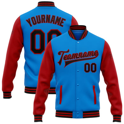 Custom Powder Blue Black-Red Bomber Full-Snap Varsity Letterman Two Tone Jacket