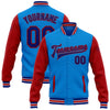 Custom Powder Blue Royal-Red Bomber Full-Snap Varsity Letterman Two Tone Jacket