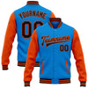 Custom Powder Blue Black-Orange Bomber Full-Snap Varsity Letterman Two Tone Jacket