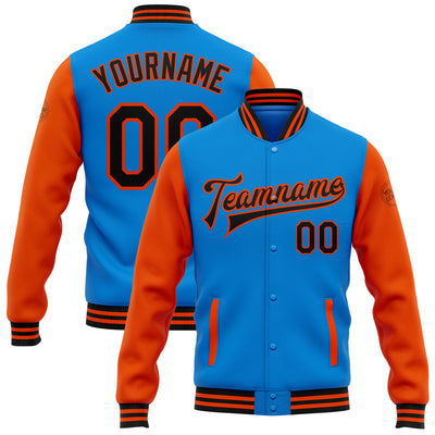 Custom Powder Blue Black-Orange Bomber Full-Snap Varsity Letterman Two Tone Jacket