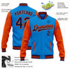 Custom Powder Blue Navy-Orange Bomber Full-Snap Varsity Letterman Two Tone Jacket