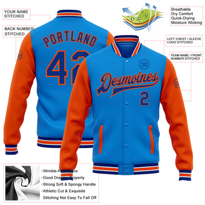 Custom Powder Blue Royal-Orange Bomber Full-Snap Varsity Letterman Two Tone Jacket