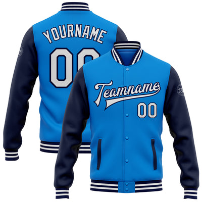 Custom Powder Blue White-Navy Bomber Full-Snap Varsity Letterman Two Tone Jacket