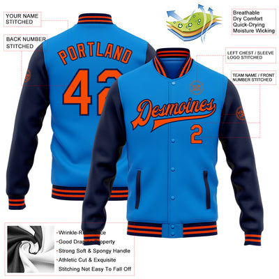 Custom Powder Blue Orange-Navy Bomber Full-Snap Varsity Letterman Two Tone Jacket