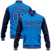 Custom Powder Blue Light Blue-Navy Bomber Full-Snap Varsity Letterman Two Tone Jacket