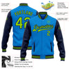 Custom Powder Blue Neon Green-Navy Bomber Full-Snap Varsity Letterman Two Tone Jacket