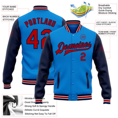 Custom Powder Blue Red-Navy Bomber Full-Snap Varsity Letterman Two Tone Jacket