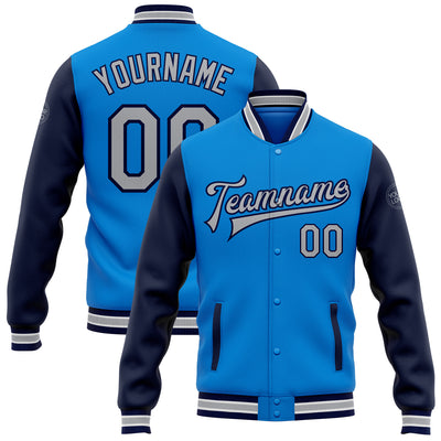 Custom Powder Blue Gray-Navy Bomber Full-Snap Varsity Letterman Two Tone Jacket