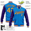 Custom Powder Blue Gold-Purple Bomber Full-Snap Varsity Letterman Two Tone Jacket