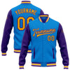 Custom Powder Blue Gold-Purple Bomber Full-Snap Varsity Letterman Two Tone Jacket