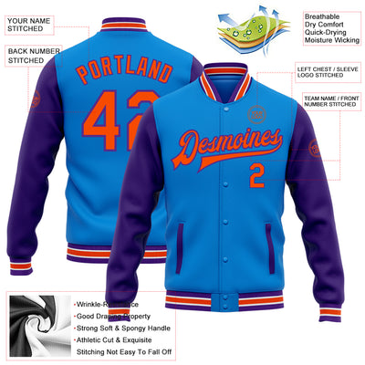 Custom Powder Blue Orange-Purple Bomber Full-Snap Varsity Letterman Two Tone Jacket