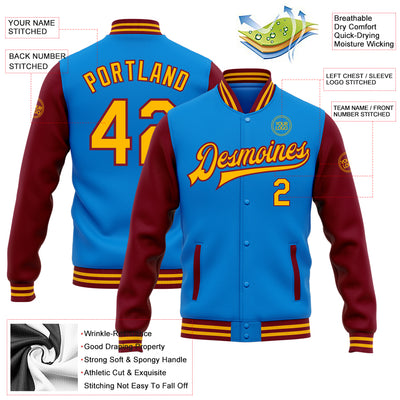 Custom Powder Blue Gold-Crimson Bomber Full-Snap Varsity Letterman Two Tone Jacket