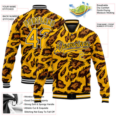 Custom Gold Black-White Leopard Print 3D Pattern Design Bomber Full-Snap Varsity Letterman Jacket