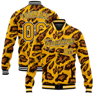 Custom Gold Black-White Leopard Print 3D Pattern Design Bomber Full-Snap Varsity Letterman Jacket