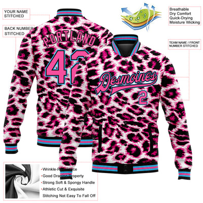 Custom Pink Sky Blue-Black Leopard Print 3D Pattern Design Bomber Full-Snap Varsity Letterman Jacket