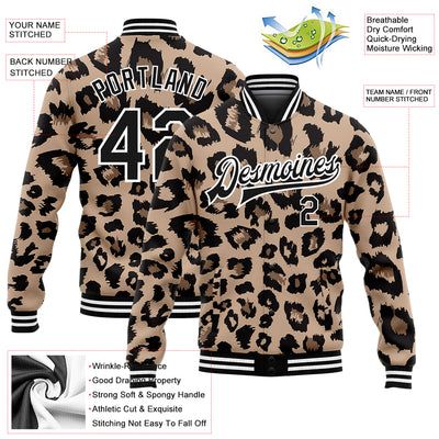 Custom Brown Black-White Leopard Print 3D Pattern Design Bomber Full-Snap Varsity Letterman Jacket