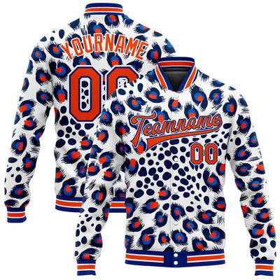 Custom White Orange-Royal Leopard Print 3D Pattern Design Bomber Full-Snap Varsity Letterman Jacket