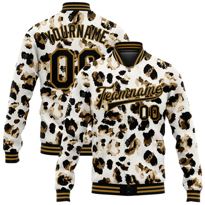 Custom White Black-Old Gold Leopard Print 3D Pattern Design Bomber Full-Snap Varsity Letterman Jacket