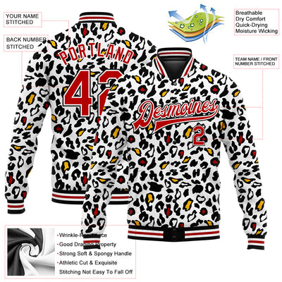 Custom White Red-Black Bright Leopard Print 3D Pattern Design Bomber Full-Snap Varsity Letterman Jacket