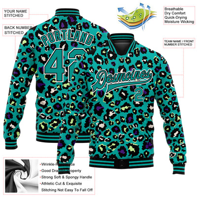 Custom Teal Black-White Leopard Print 3D Pattern Design Bomber Full-Snap Varsity Letterman Jacket