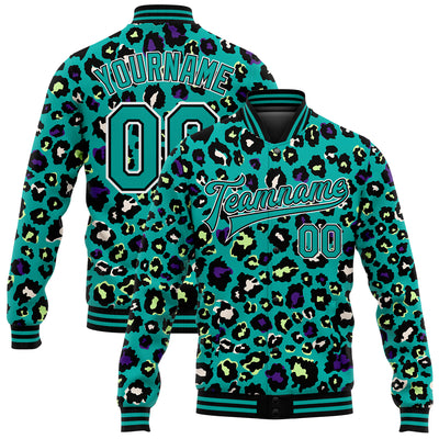 Custom Teal Black-White Leopard Print 3D Pattern Design Bomber Full-Snap Varsity Letterman Jacket