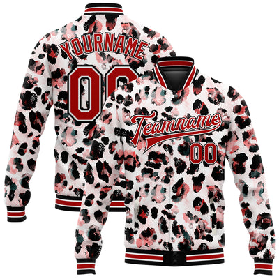 Custom White Red-Black Leopard Print 3D Pattern Design Bomber Full-Snap Varsity Letterman Jacket